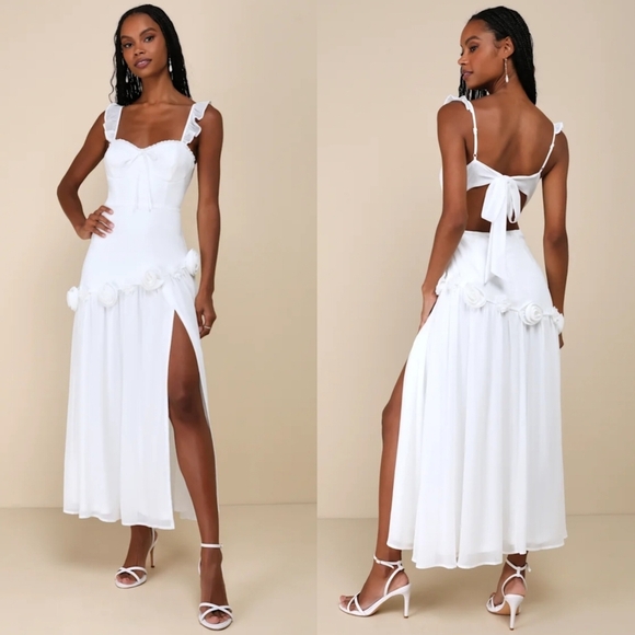 Lulus Romantic Attitude White Chiffon Rosette Drop Waist Maxi Dress XL Wedding - Picture 1 of 9